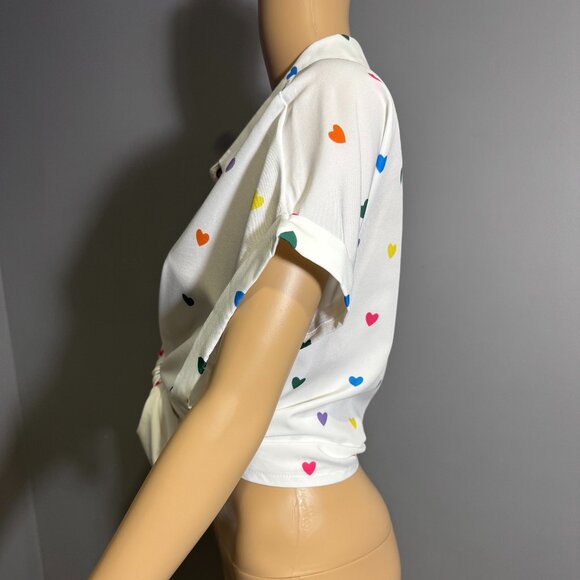 White Button-Down Shirt with Rainbow Heart Print ~ Fun, Playful Oversized Fit - Picture 2 of 4